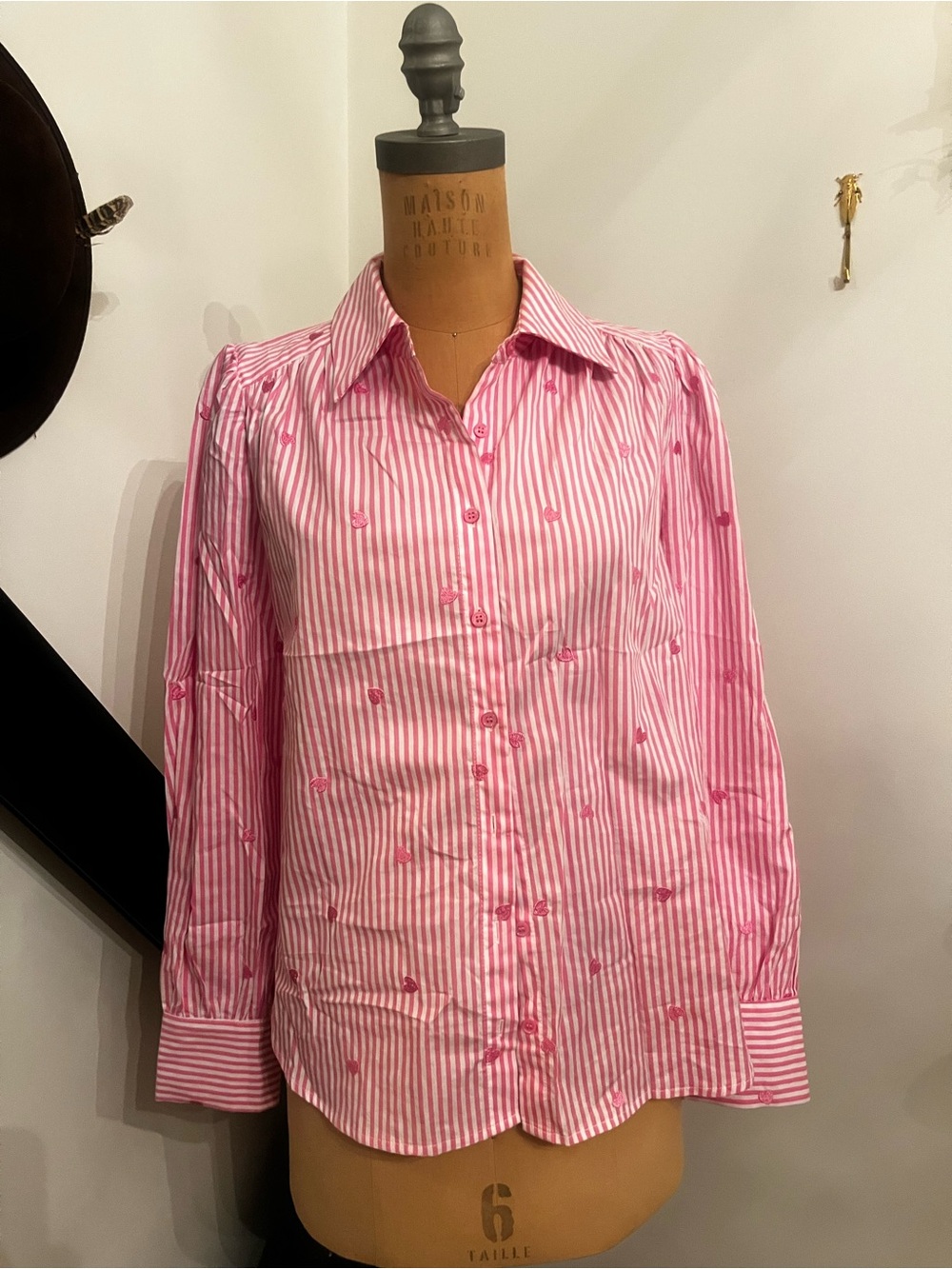 Pink Striped Button-Up Shirt with Heart Embroidery - Women
